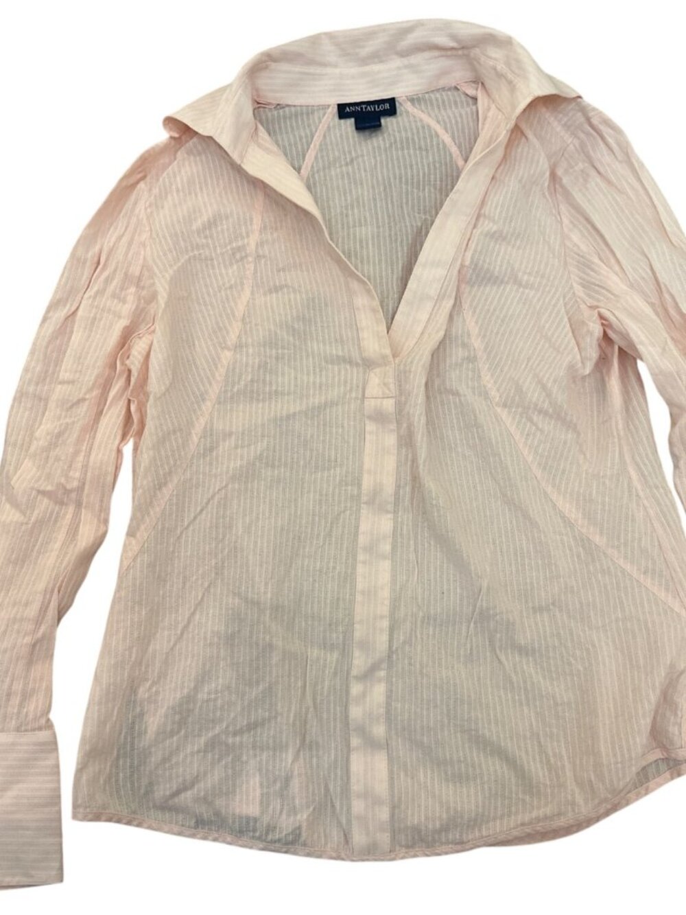 Ann Taylor Womens Button Blouse Top L Pink Striped Sheer Cotton Flared Cuffs